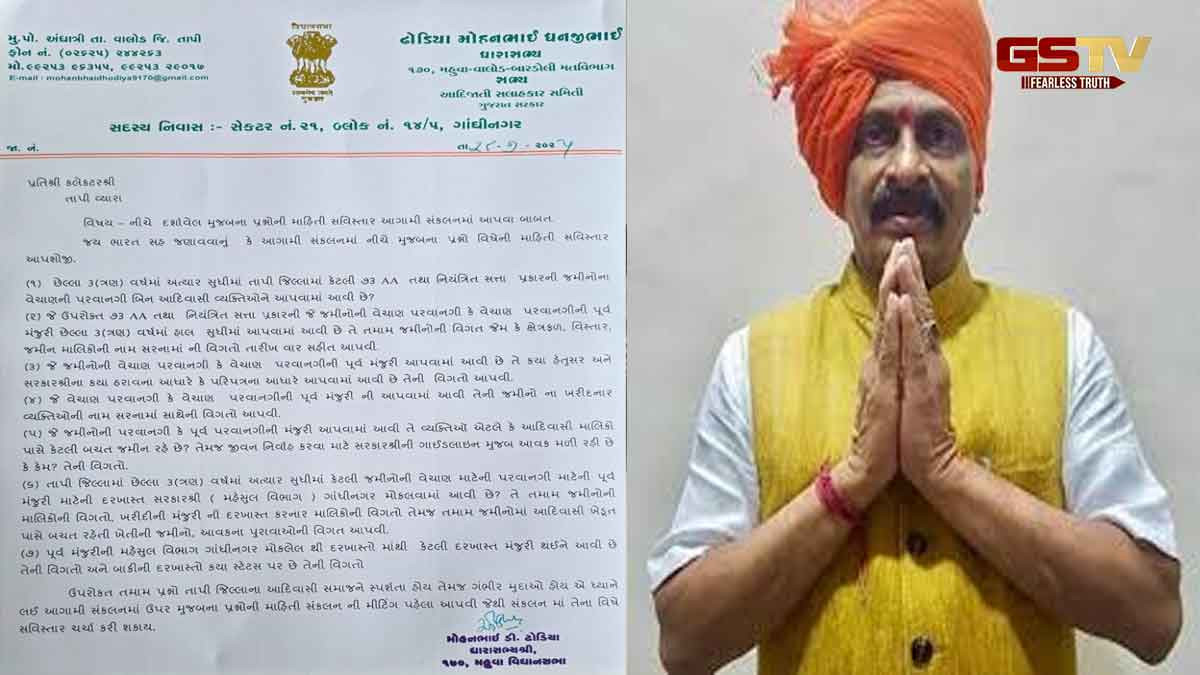 Tapi News: MLA મોહન ઢોડિયાએ કલેક્ટરને લખ્યો પત્ર, 73AA જમીન પરવાનગીઓ અંગે ઉઠાવ્યા ગંભીર પ્રશ્નો