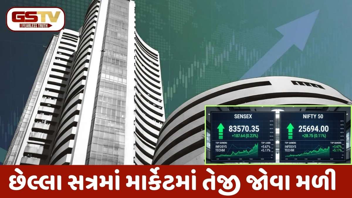 Market Update: જોરદાર તેજી પછી, બજાર થોડા વધારા સાથે બંધ થયું; સેન્સેક્સ 187 પોઈન્ટ વધ્યો; નિફ્ટી 25694 પર સ્થિર થયો
