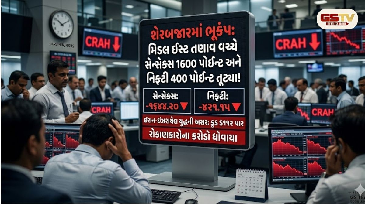 શેરબજારમાં ભૂકંપ: મિડલ ઈસ્ટ તણાવ વચ્ચે સેન્સેક્સ 1600 પોઈન્ટ અને નિફ્ટી 400 પોઈન્ટ તૂટ્યા!