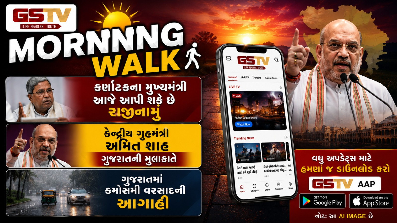 MORNING WALK: કર્ણાટકના મુખ્યમંત્રી આજે આપી શકે છે રાજીનામું  કેન્દ્રીય ગૃહમંત્રી અમિત શાહ ગુજરાતની મુલાકાતે, ગુજરાતમાં કમોસમી વરસાદની આગાહી