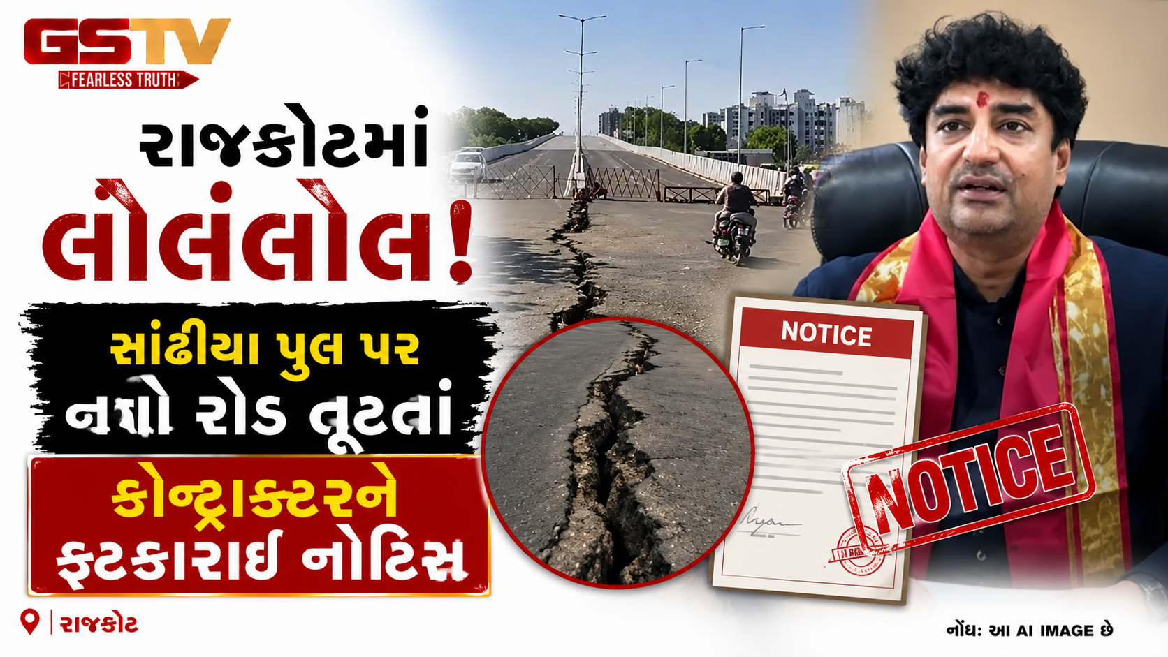 VIDEO : RAJKOT ના સાંઢિયા પુલ પર નવો ડામર રોડ તૂટ્યો, મેયરે કોન્ટ્રાક્ટરને નોટિસ ફટકારી તપાસના આદેશ આપ્યા