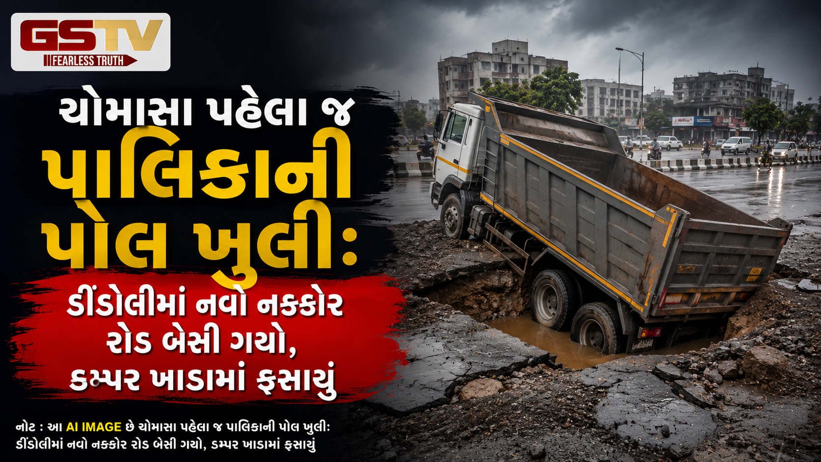 VIDEO: ચોમાસા પહેલા જ પાલિકાની પોલ ખુલી: ડીંડોલીમાં નવો નક્કોર રોડ બેસી ગયો, ડમ્પર ખાડામાં ફસાયું
