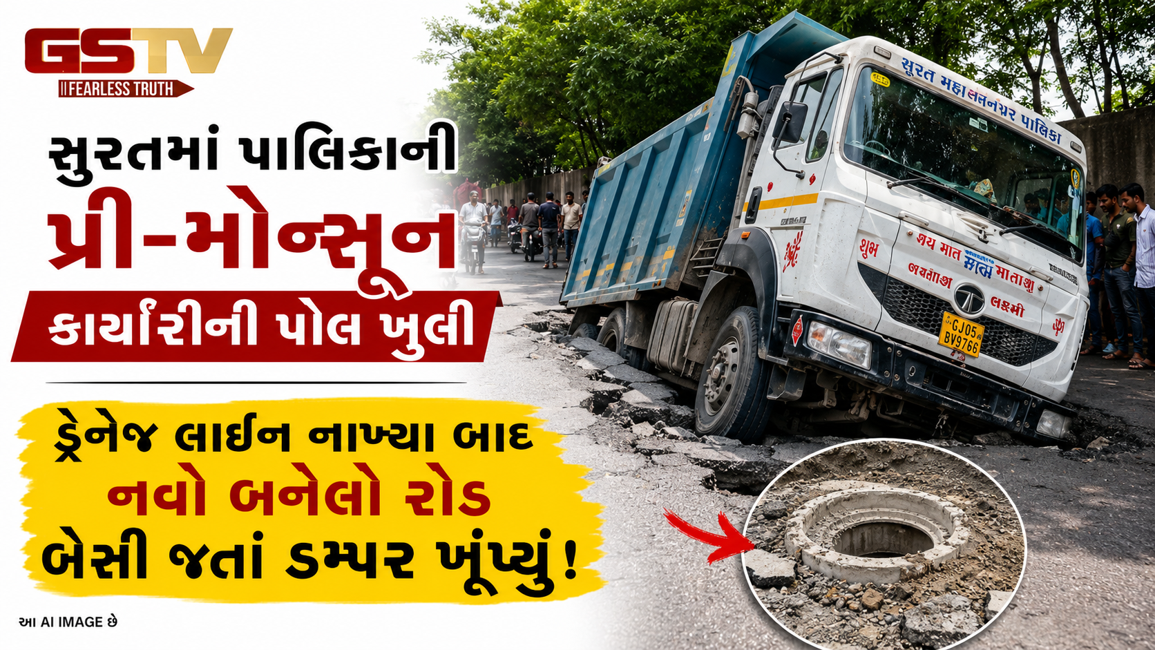 સુરતના ડિંડોલીમાં પાલિકાના કોન્ટ્રાક્ટરની ઘોર બેદરકારી, નવો બનેલો રોડ બેસી જતાં ડંપર ખૂંપ્યું