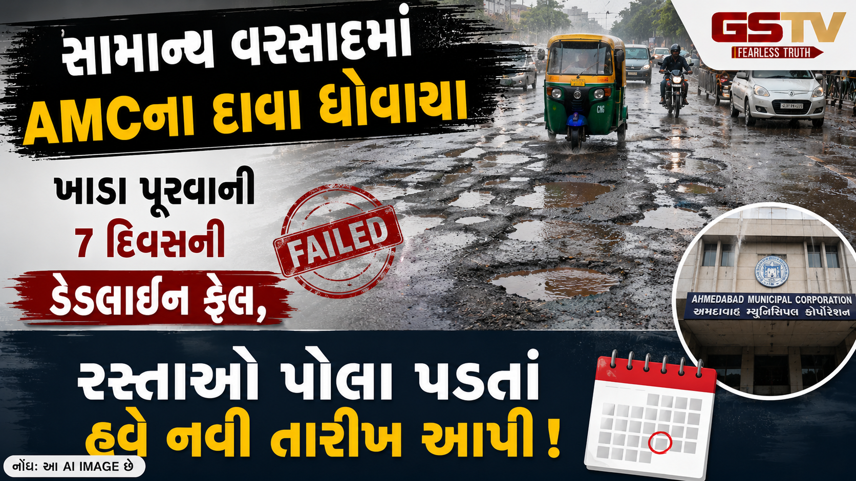 AMCની 7 દિવસની ડેડલાઇન સદંતર ફેલ, સામાન્ય ઝાપટાંમાં જ અમદાવાદના રસ્તા પોલા પડ્યા, પ્રી-મોન્સૂન કામગીરી માત્ર કાગળ પર?