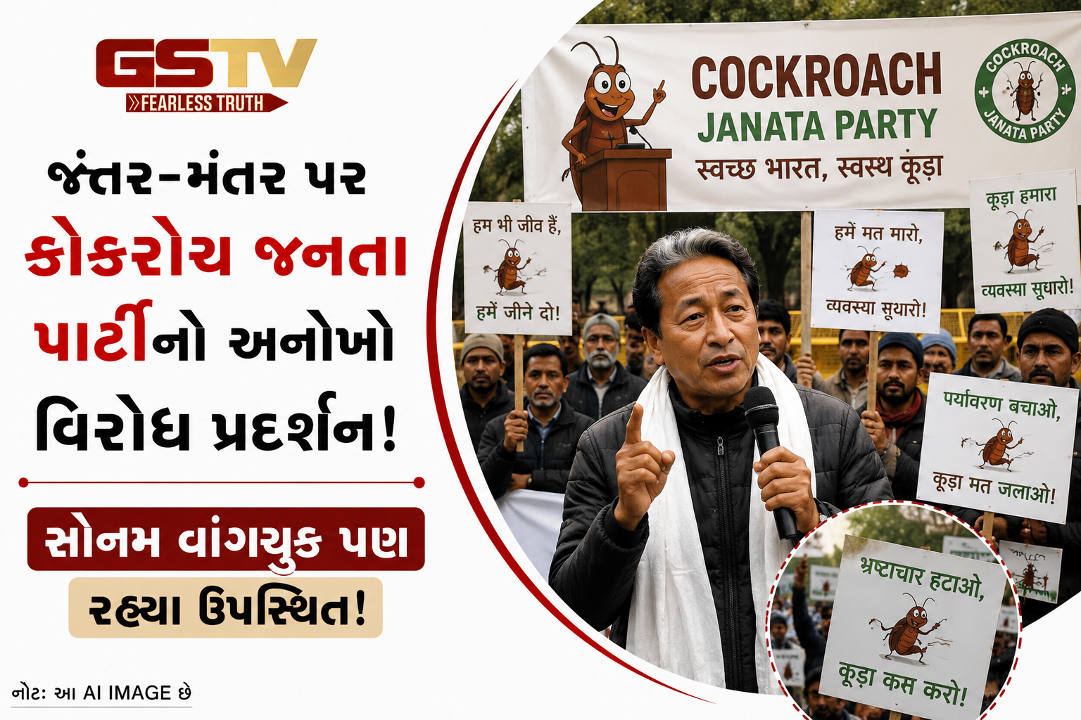 VIDEO:'કોકરોચ જનતા પાર્ટી'નું અનોખું આંદોલન: જંતર-મંતર પર સોનમ વાંગચુકનું સમર્થન