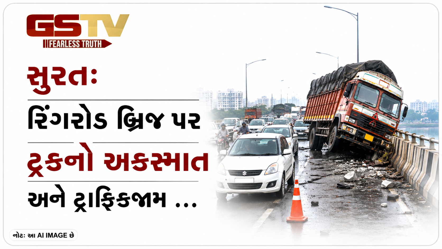 VIDEO : સુરત: રિંગરોડ બ્રિજ પર ટ્રકનો અકસ્માત અને ટ્રાફિકજામ