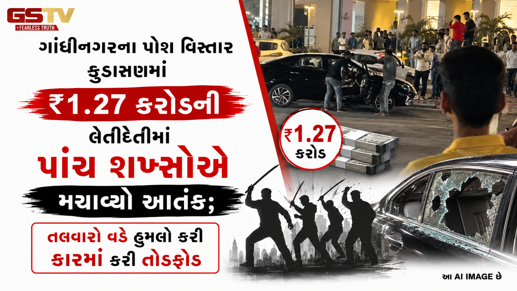 ગાંધીનગરમાં જાહેરમાં તલવારબાજી: કુડાસણમાં ₹1.27 કરોડના વિવાદમાં પાંચ શખ્સોનો ખૂની હુમલો, વાહનોના કાચ તોડ્યા