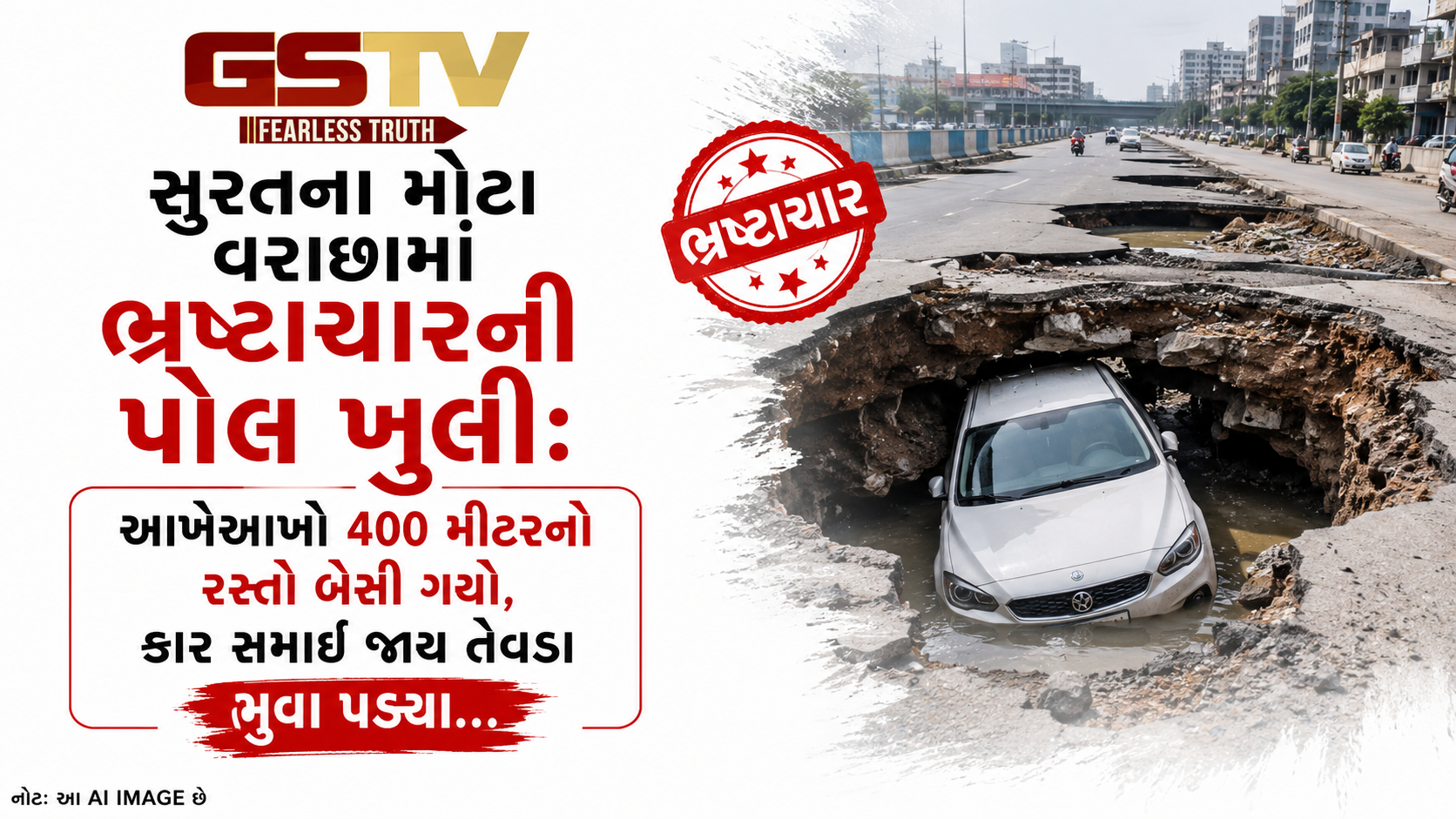 VIDEO: સુરતના મોટા વરાછામાં ભ્રષ્ટાચારની પોલ ખુલી: આખેઆખો ૪૦૦ મીટરનો રસ્તો બેસી ગયો, કાર સમાઈ જાય તેવડા ભુવા પડ્યા