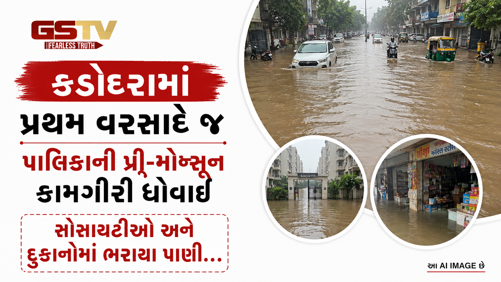 કડોદરામાં પ્રથમ વરસાદે જ પાલિકાની પ્રી-મોન્સૂન કામગીરી ધોવાઈ,સોસાયટીઓ અને દુકાનોમાં ભરાયા પાણી
