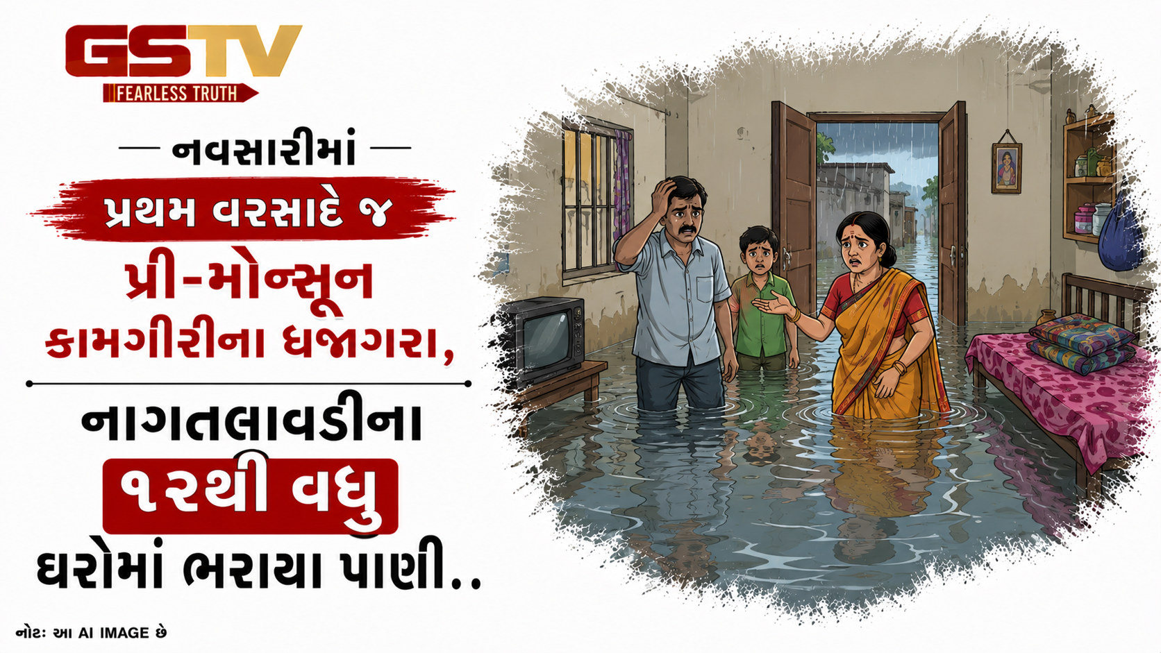 નવસારીમાં પ્રથમ વરસાદે જ પ્રી-મોન્સૂન કામગીરીના ધજાગરા, નાગતલાવડીના ૧૨થી વધુ ઘરોમાં ભરાયા પાણી