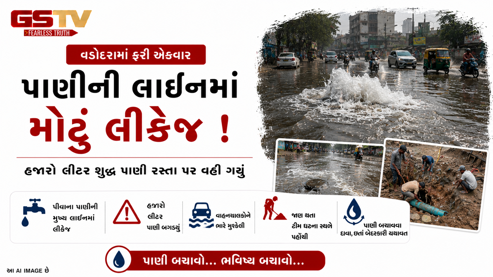 VIDEO: વડોદરાઃ મનપાની ઘોર બેદરકારી છાણીમાં પાણીની લાઈન લીક થતાં હજારો લીટર પાણી વેડફાયું