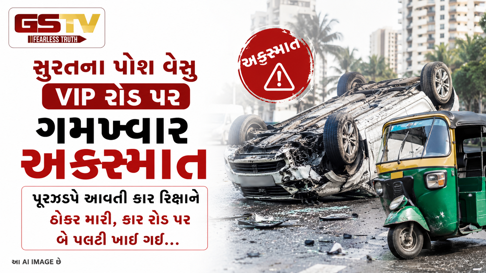 VIDEO: સુરતના પોશ વેસુ VIP રોડ પર ગમખ્વાર અકસ્માત: પૂરઝડપે આવતી કારે રિક્ષાને ઠોકર મારી, કાર રોડ પર બે પલટી ખાઈ ગઈ