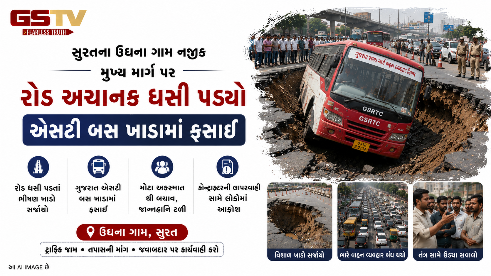 સુરતના ઉધના ગામ નજીક મુખ્ય માર્ગ પર અચાનક રોડ ધસી જતાં વિશાળ ભૂવો પડ્યો હતો, જેમાં પસાર થઈ રહેલી એસટી બસ ફસાઈ.