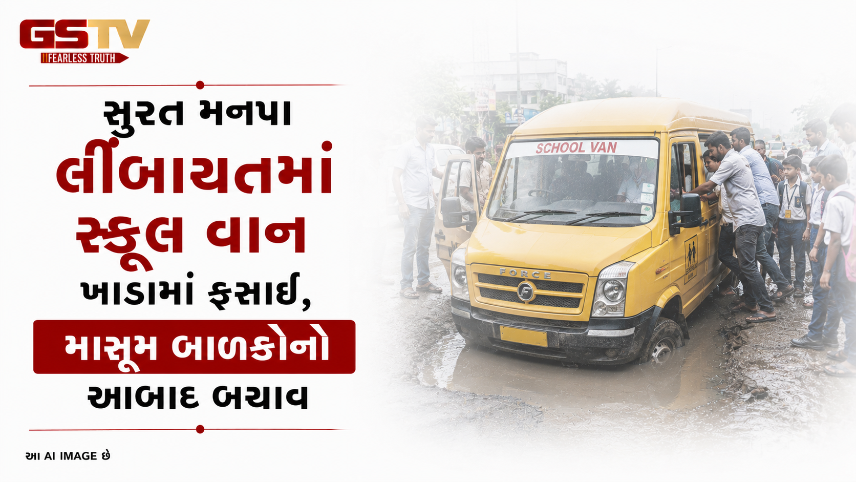 VIDEO: સુરત મનપાની ઘોર બેદરકારી: લીંબાયતમાં સ્કૂલ વાન ખાડામાં ફસાઈ, માસૂમ બાળકોનો આબાદ બચાવ