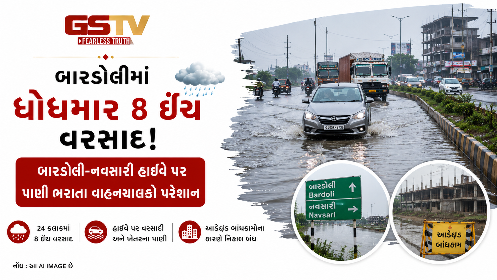 VIDEO: બારડોલીમાં મેઘતાંડવ / 24 કલાકમાં 8 ઇંચ વરસાદ ખાબક્યો; બારડોલી-નવસારી હાઈવે પાણીમાં ગરકાવ થતાં વાહનચાલકો અટવાયા