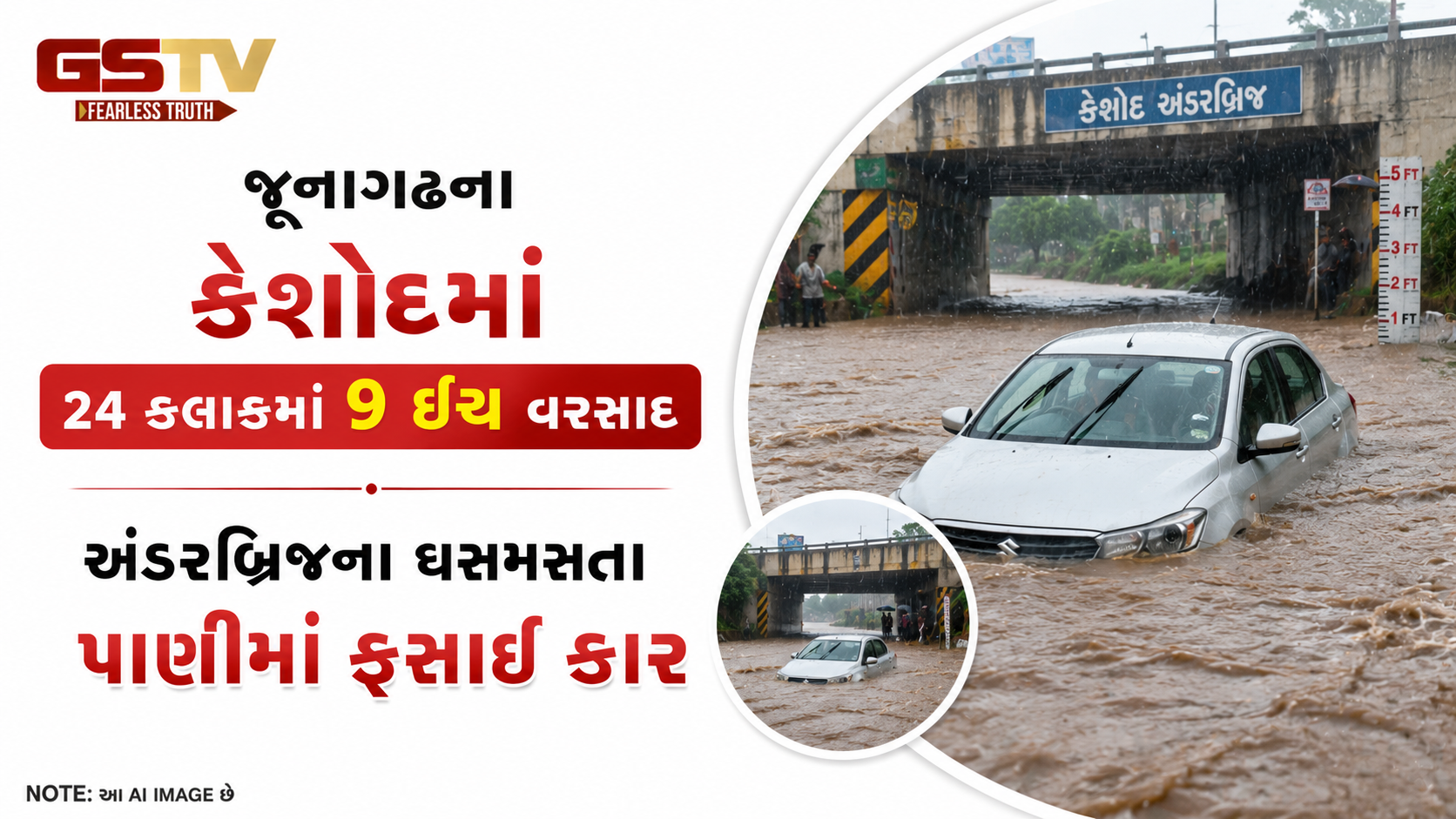 VIDEO: જૂનાગઢના કેશોદમાં ૨૪ કલાકમાં ૯ ઇંચ વરસાદ: અંડરબ્રિજના ધસમસતા પાણીમાં ફસાઈ કાર
