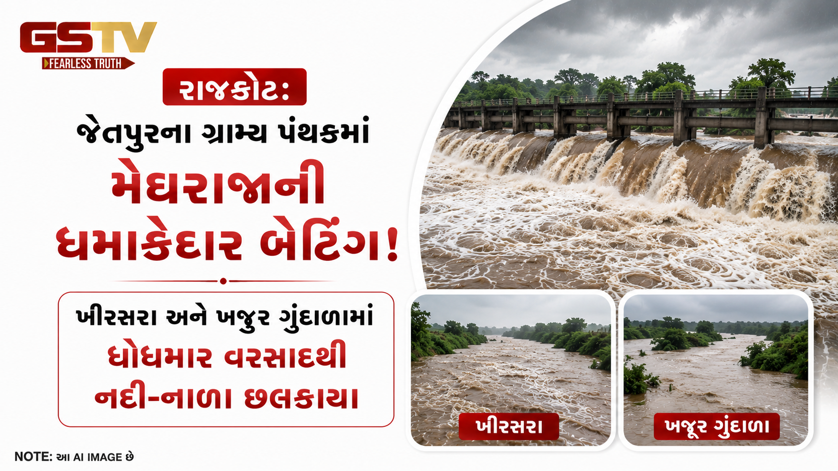VIDEO: રાજકોટ: જેતપુરના ગ્રામ્ય પંથકમાં મેઘરાજાની ધમાકેદાર બેટિંગ; ખીરસરા અને ખજૂર ગુંદાળામાં ધોધમાર વરસાદથી નદી-નાળા છલકાયા