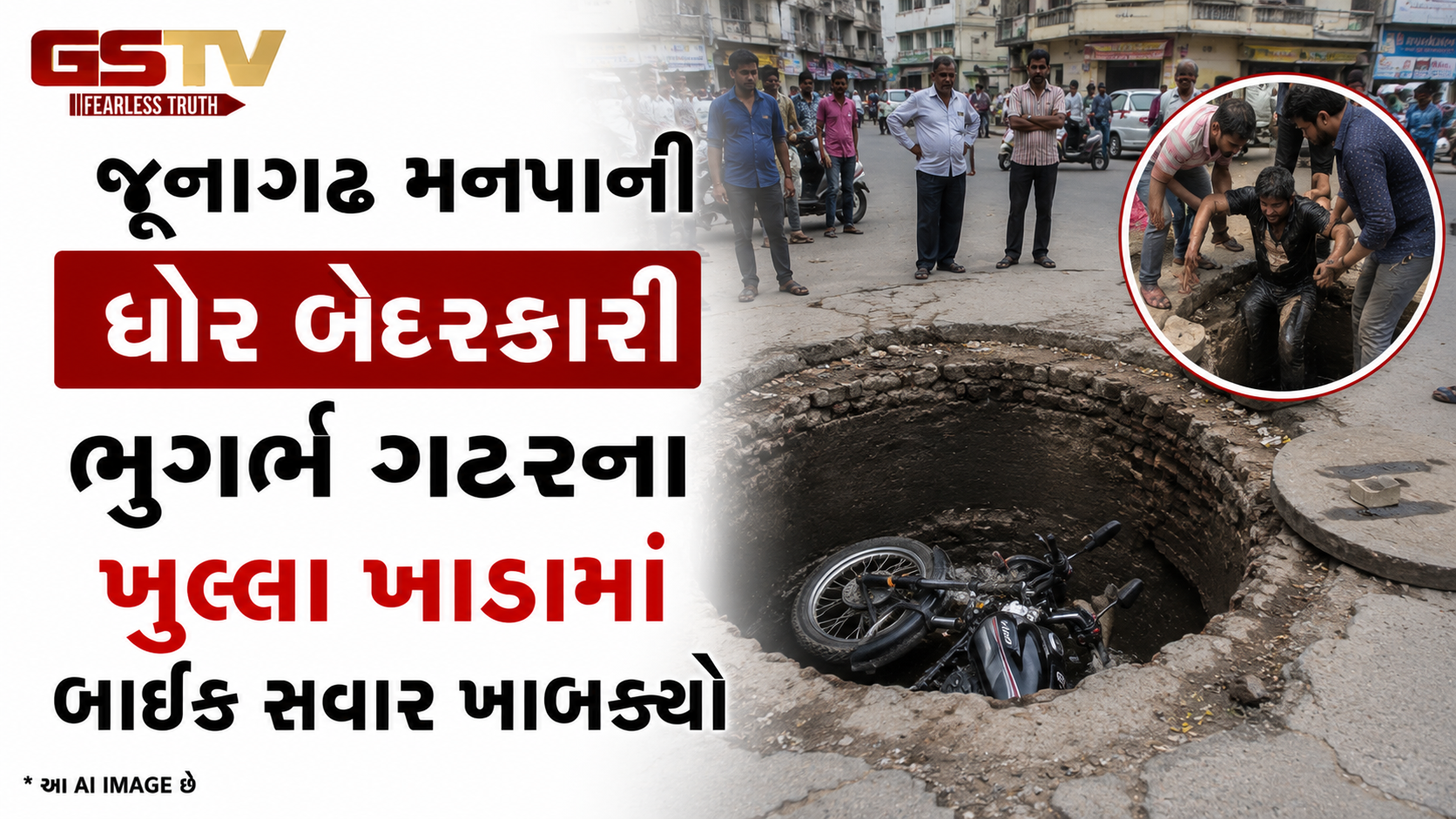 VIDEO: જૂનાગઢ મનપાની ઘોર બેદરકારી: આઝાદ ચોકમાં ભૂગર્ભ ગટરના ખુલ્લા ખાડામાં બાઈક સવાર ખાબક્યો
