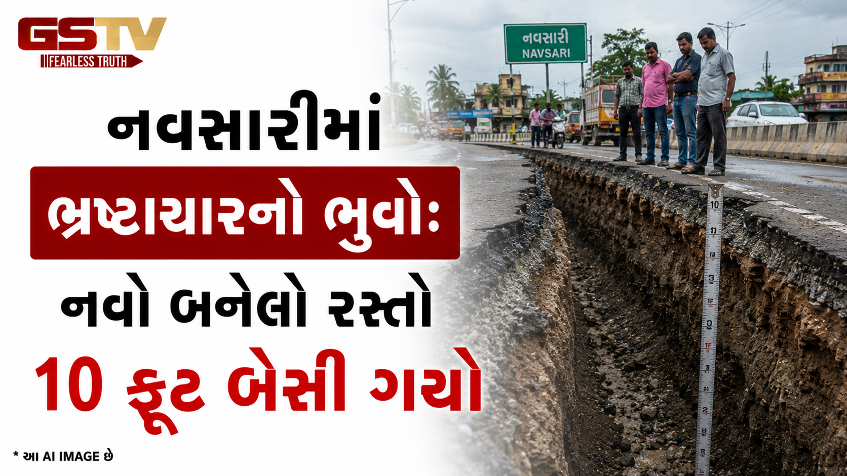 VIDEO: નવસારીમાં ભ્રષ્ટાચારનો ભુવો: નવો બનેલો રસ્તો 10 ફૂટ બેસી ગયો