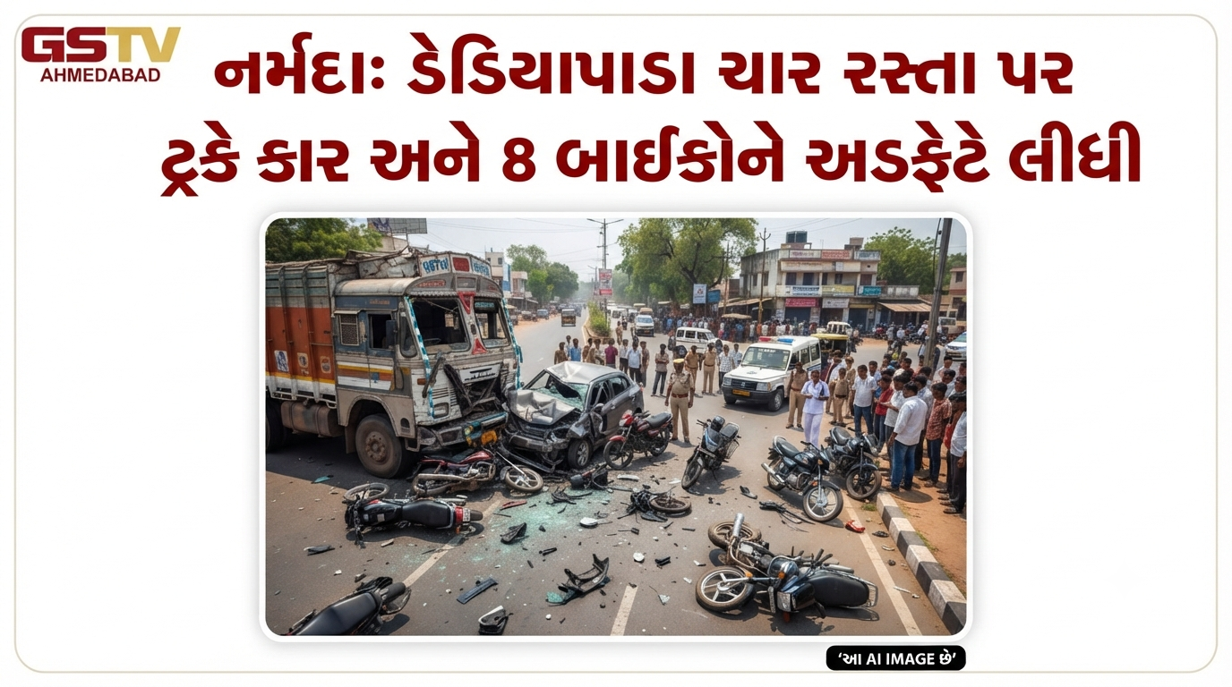 VIDEO: નર્મદા: ડેડિયાપાડા ચાર રસ્તા પર ટ્રકે કાર અને 8 બાઇકોને અડફેટે લીધી