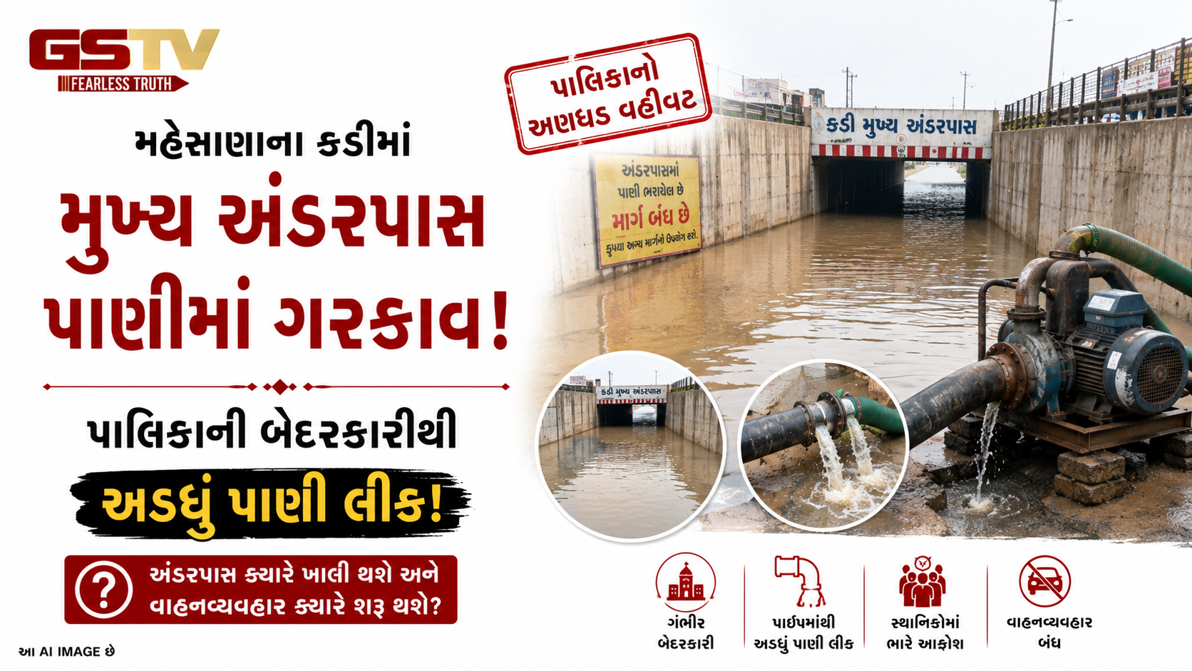 VIDEO: કડી પાલિકાનું અણઘડ શાસન: અંડરપાસમાંથી ઉલેચેલું અડધું પાણી પાછું અંડરપાસમાં જ ગયું