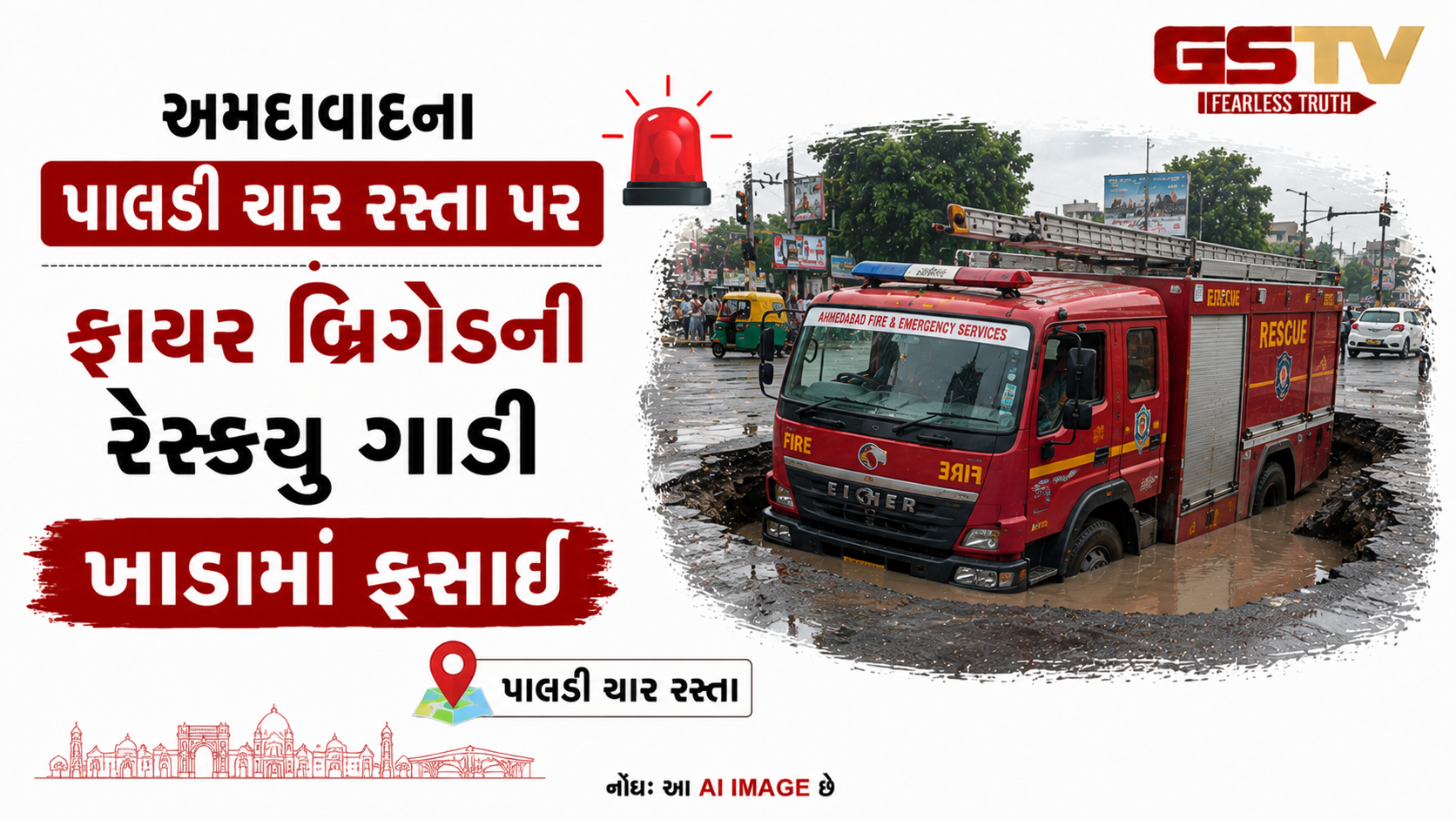 VIDEO: અમદાવાદના પાલડી ચાર રસ્તા પર ફાયર બ્રિગેડની રેસ્ક્યુ ગાડી ખાડામાં ફસાઈ