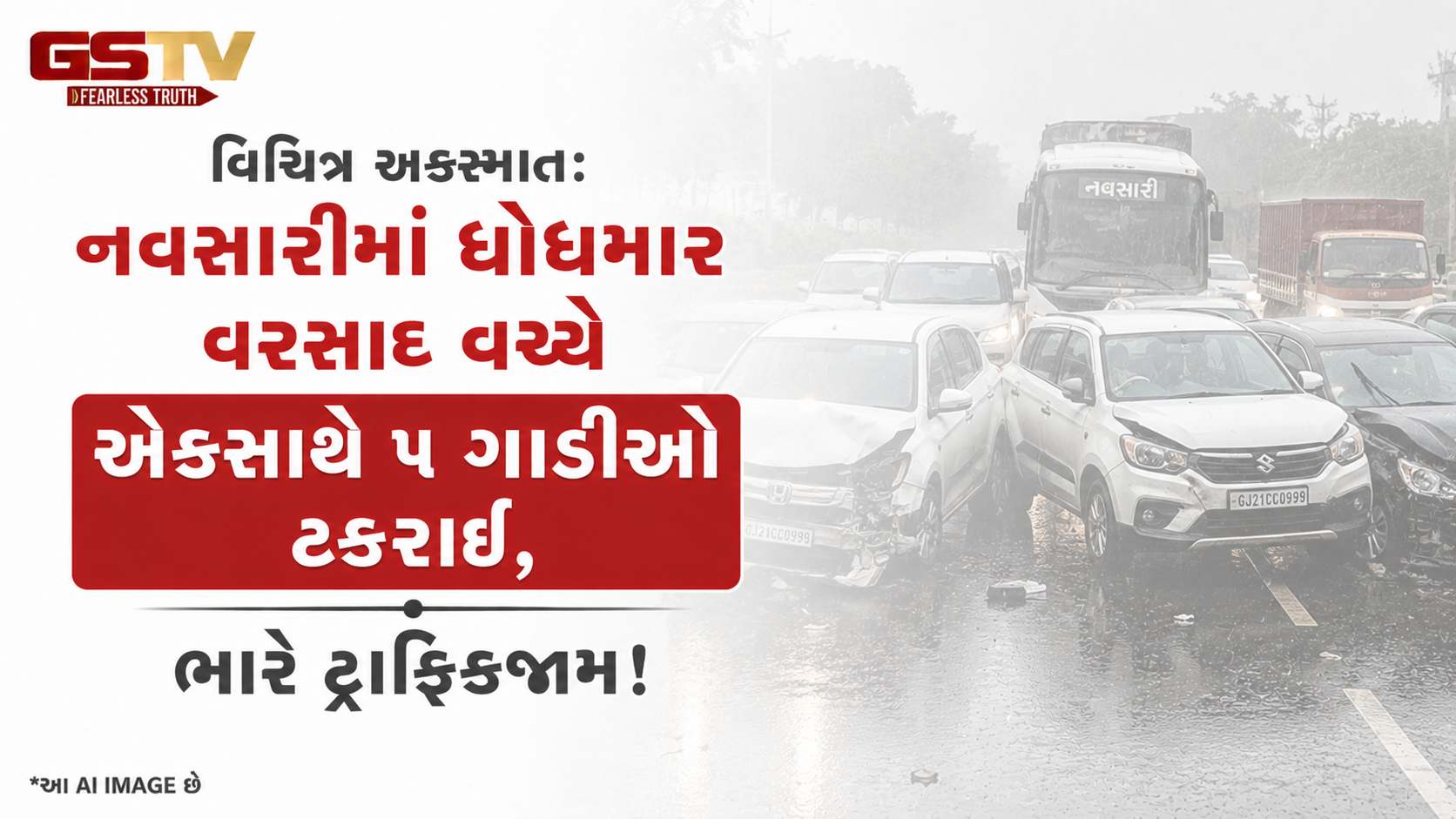 VIDEO: વિચિત્ર અકસ્માત: નવસારીમાં ધોધમાર વરસાદ વચ્ચે એકસાથે ૫ ગાડીઓ ટકરાઈ, ભારે ટ્રાફિકજામ!
