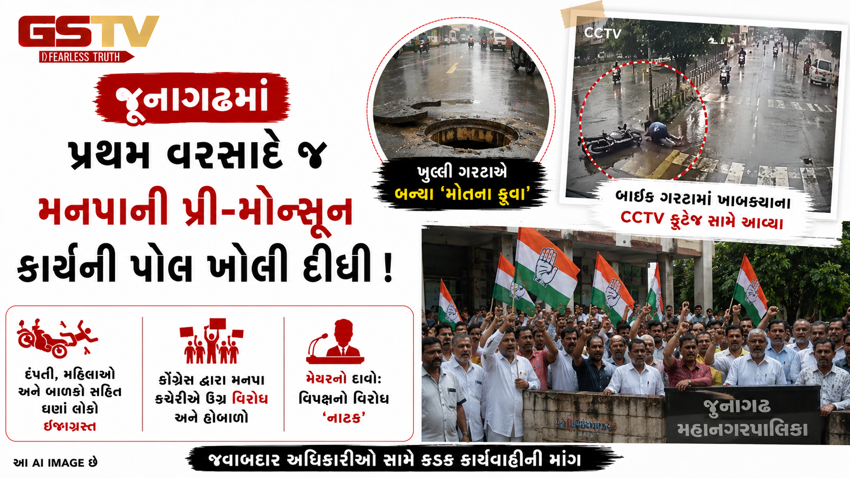 VIDEO: જૂનાગઢમાં પ્રથમ વરસાદે ખુલ્લી ગટરો મોતના કૂવા બનતા કોંગ્રેસનો ભારે હોબાળો