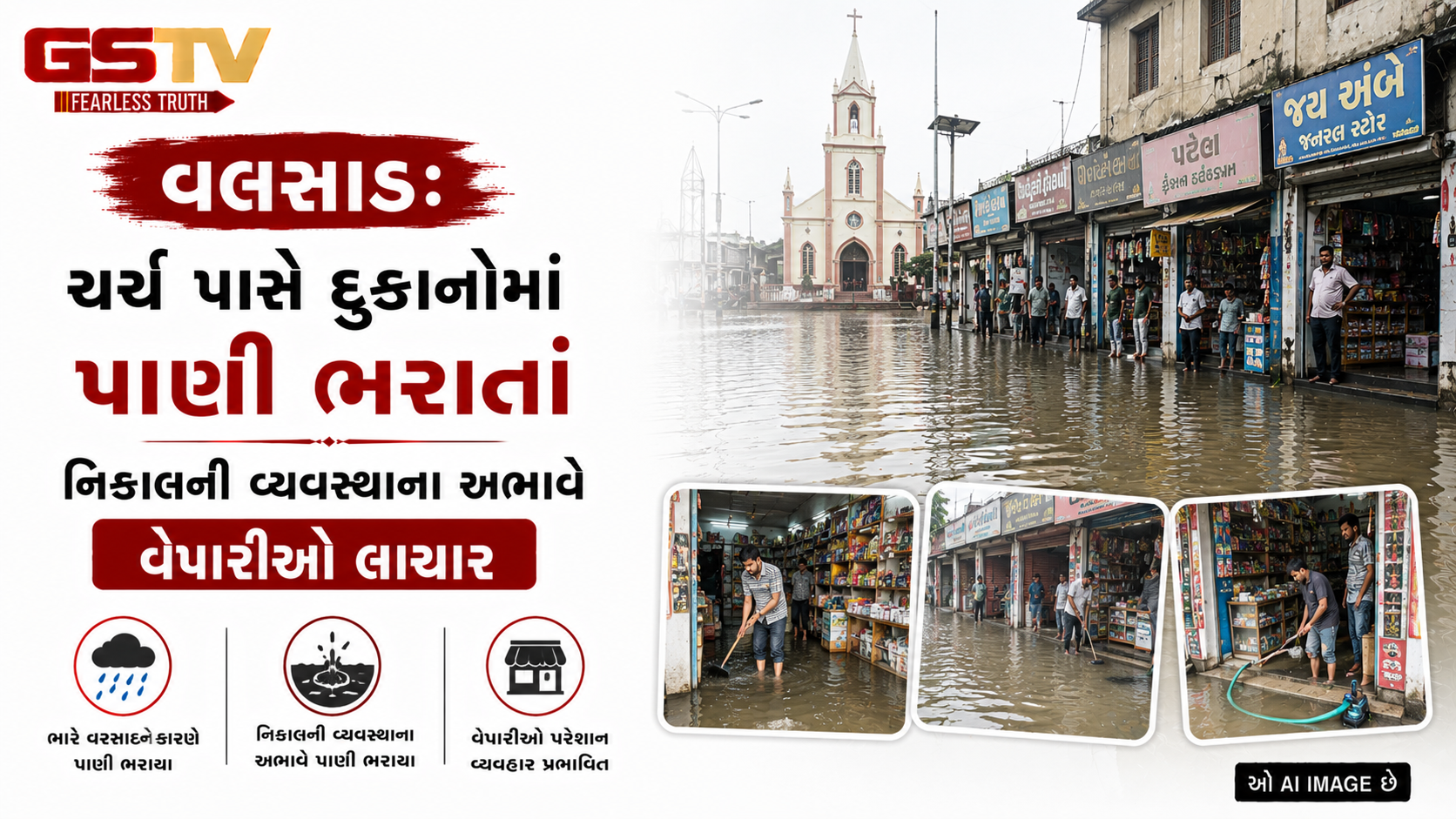 VIDEO: વલસાડ: ચર્ચ પાસે દુકાનોમાં પાણી ભરાતાં નિકાલની વ્યવસ્થાના અભાવે વેપારીઓ લાચાર.