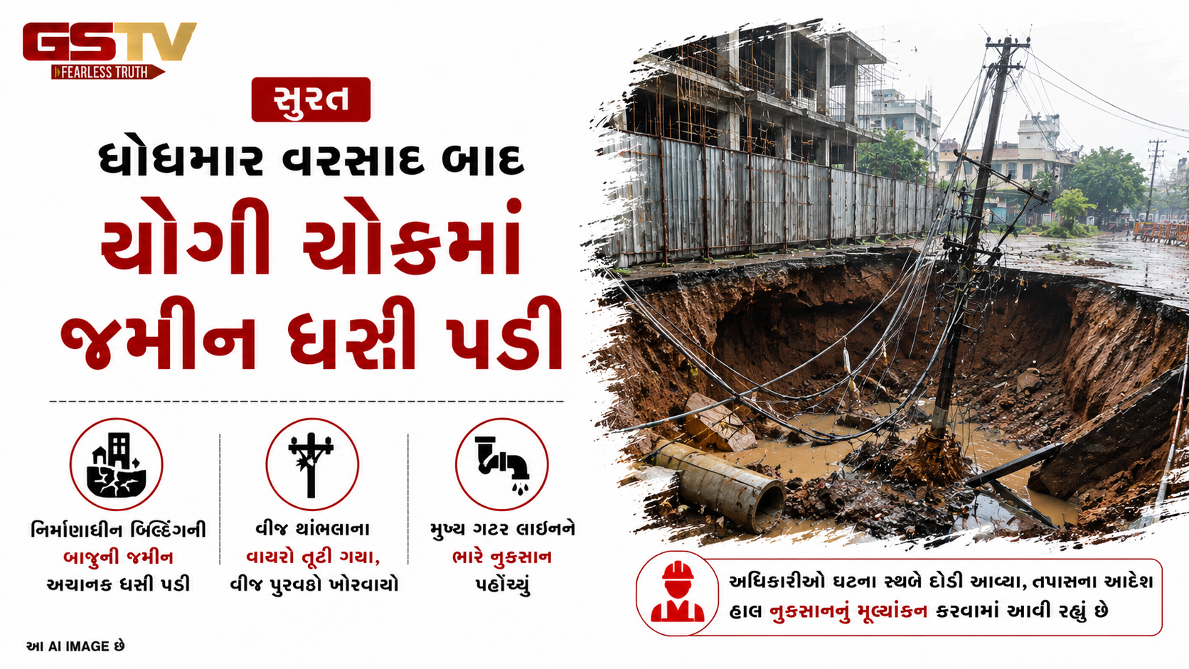 VIDEO: સુરત: ભારે વરસાદ વચ્ચે યોગી ચોકમાં જમીન ધસી