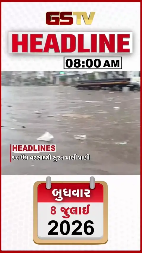 VIDEO: HEADLINE 8:00 AM/ :સુરતમાં ધોધમાર વરસાદથી જળબંબાકાર, આગામી 3 દિવસ દક્ષિણ ગુજરાત-સૌરાષ્ટ્રમાં ભારે વરસાદનું એલર્ટ