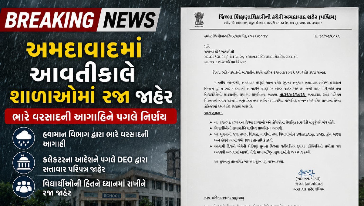 અમદાવાદમાં આવતીકાલે શાળાઓમાં રજા જાહેર, ભારે વરસાદની આગાહીને પગલે નિર્ણય