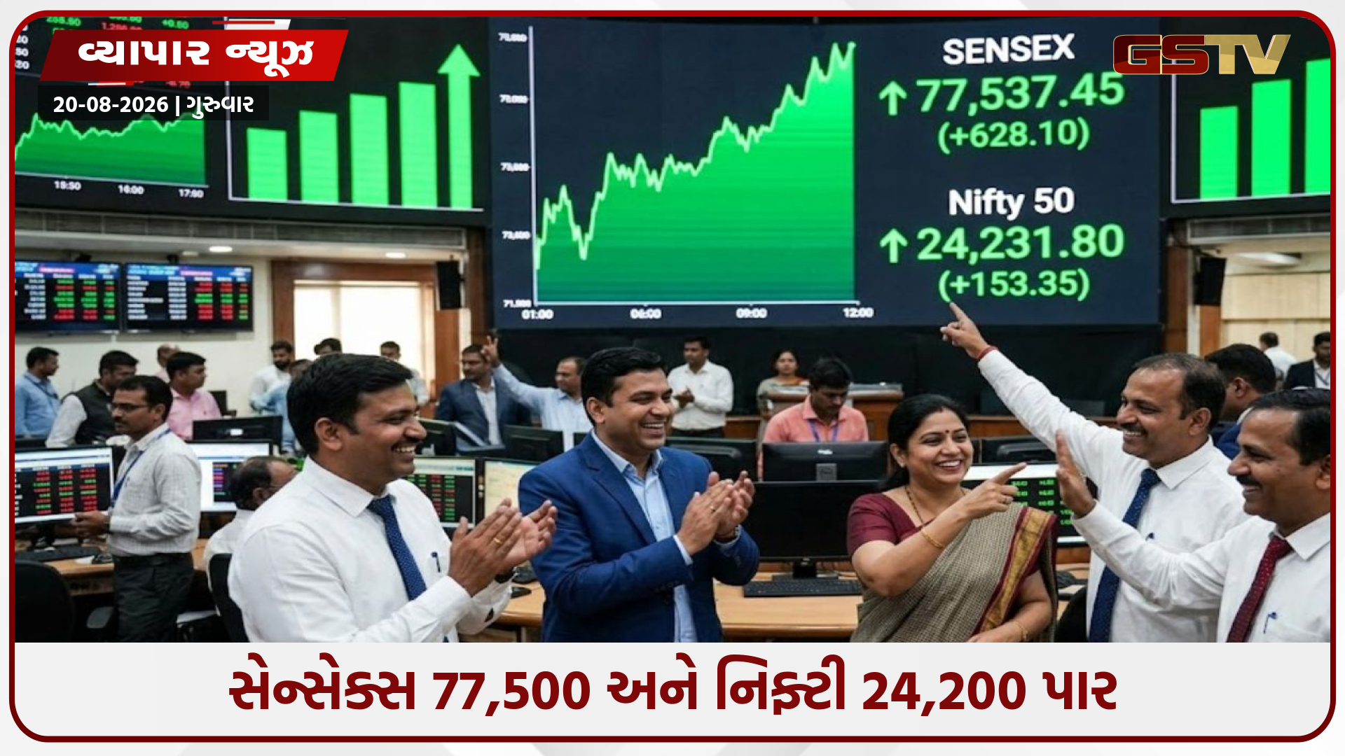 7 દિવસના ઘટાડા બાદ માર્કેટમાં તેજી, સેન્સેક્સ 77,500 અને નિફ્ટી 24,200 પાર