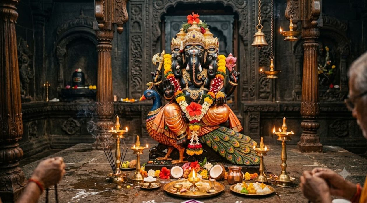 અહીં ઉંદર નહીં મોર પર બિરાજે છે ગણેશજી: જાણો ત્રણ સૂંઢવાળી અનોખી પ્રતિમાની ખાસિયત અને મહત્વ